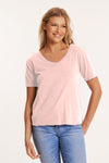 Mododoc Open V Neck Boxy Tee in Light Pink.  Double edge v neck, short sleeve cotton/linen tee.  High low hem, curved in back. Raw edges.  Relaxed, boxy fit. _t_60201048015214