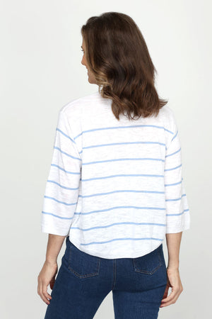 Mododoc Striped Swing Sweater in Ocean Abyss/White.  Narrow horizontal striped lightweight knit.  Crew neck 3/4 sleeve with dropped shoulder.  Rib trim at neck, cuff and hem.  Curved hem.  Relaxed fit._60688770859374