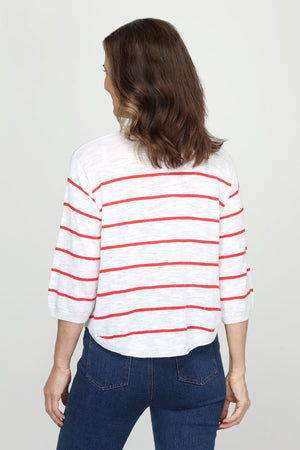 Scarlet Red/White.  Narrow horizontal striped lightweight knit.  Crew neck 3/4 sleeve with dropped shoulder.  Rib trim at neck, cuff and hem.  Curved hem.  Relaxed fit._60688770826606