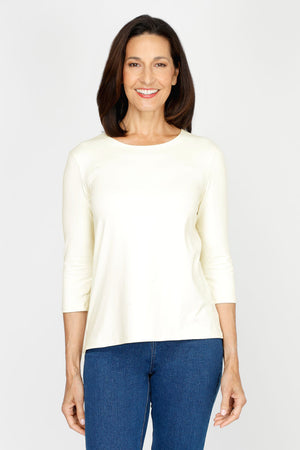 A'nue Ligne Boxy Top in Cream.  Crew neck 3/4 sleeve tee.  Slightly relaxed stretch tee._60481123844462