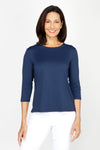 A'nue Ligne Boxy Top in Navy.  Crew neck 3/4 sleeve tee.  Slightly relaxed stretch tee._t_60481124139374