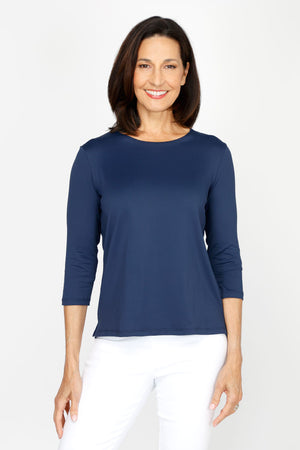 A'nue Ligne Boxy Top in Navy.  Crew neck 3/4 sleeve tee.  Slightly relaxed stretch tee._60481124139374