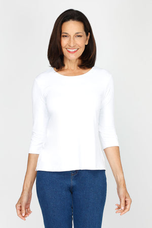 A'nue Ligne Boxy Top in White.  Crew neck 3/4 sleeve tee.  Slightly relaxed stretch tee._60481124073838
