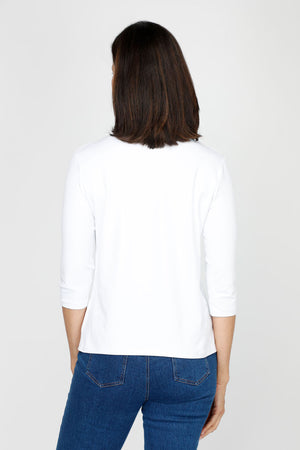 A'nue Ligne Boxy Top in White.  Crew neck 3/4 sleeve tee.  Slightly relaxed stretch tee._60481124008302