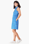 NIC+ZOE Tech Stretch Animal Blues Dress. Abstract bright blue animal print. Pointed collar zip front sleeveless dress with adjustable cinch cord at waist. A line. Classic fit._t_35507376390344