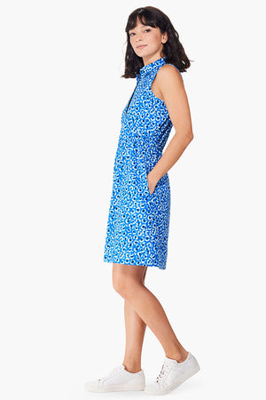 NIC+ZOE Tech Stretch Animal Blues Dress. Abstract bright blue animal print. Pointed collar zip front sleeveless dress with adjustable cinch cord at waist. A line. Classic fit._35507376390344