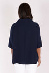 Suzy D Audrey Cowl Neck Top in Navy. Draped cowl neck with dropped shoulder and elbow length sleeve. Side slits. High low hem. Relaxed fit._t_35977464545480