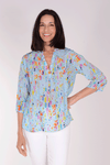APNY Splash Tassel Top in Aqua with bright splashes of color.  Crew neck with split v in front with attached tassels.  3/4 sleeve.  Relaxed fit._t_34378414031048