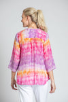 APNY Gradient Tassel Top. Pink and purple gradient stripe on a white background. Tie dye effect. Banded crew neck with attached tassel tie. 3/4 sleeve Swing shape. Relaxed fit._t_34808719376584