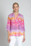 APNY Gradient Tassel Top.  Pink and purple gradient stripe on a white background.  Tie dye effect.  Banded crew neck with attached tassel tie.  3/4 sleeve  Swing shape.  Relaxed fit._t_34808719343816