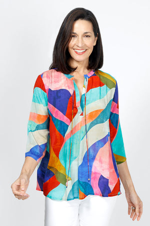 APNY Abstract Tassel Top in Multi.  Bright abstract swirl pattern.  Crew neck split neck top with banded collar and tassel ties.  3/4 sleeve.  Swing shape.  Relaxed fit._34953582018760