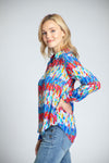 APNY Gradient Stripe Blouse in Multi. Bright gradient stripe and paint brush print. Pointed collar button down. Long sleeves with button cuffs and roll button tab. Shirt tail hem. Back yoke. Relaxed fit._t_34770844123336