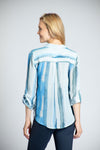 APNY Watercolor Juxtaposed Blouse in Blue. Soft stripes combine in a directional print. 1/2 of the front is vertical - the other horizontal. Long sleeves with button cuffs and roll button tabs. Back yoke. Shirt tail hem. Relaxed fit._t_34770854314184