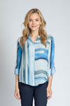 APNY Watercolor Juxtaposed Blouse in Blue.  Soft stripes combine in a directional print.  1/2 of the front is vertical - the other horizontal.  Long sleeves with button cuffs and roll button tabs.  Back yoke.  Shirt tail hem.  Relaxed fit._t_34770854346952