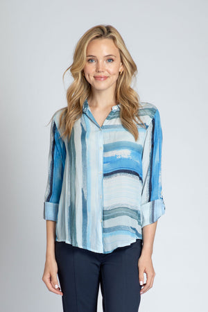APNY Watercolor Juxtaposed Blouse in Blue.  Soft stripes combine in a directional print.  1/2 of the front is vertical - the other horizontal.  Long sleeves with button cuffs and roll button tabs.  Back yoke.  Shirt tail hem.  Relaxed fit._34770854346952