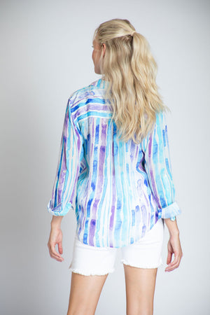 APNY Soft Stripe Juxtaposed Blouse in Purple and Blue on a white background. Pointed collar button down shirt. Long sleeves with button cuffs and roll button tab. Shirt tail hem. Relaxed fit._34770912968904