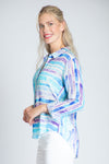 APNY Soft Stripe Juxtaposed Blouse in Purple and Blue on a white background. Pointed collar button down shirt. Long sleeves with button cuffs and roll button tab. Shirt tail hem. Relaxed fit._t_34770913034440