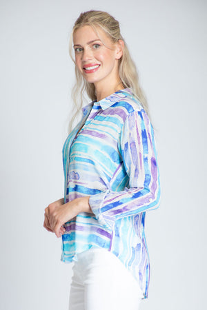 APNY Soft Stripe Juxtaposed Blouse in Purple and Blue on a white background. Pointed collar button down shirt. Long sleeves with button cuffs and roll button tab. Shirt tail hem. Relaxed fit._34770913034440