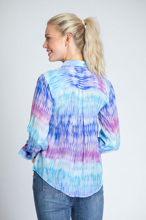 APNY Gradient Blouse. Blue and purple tie dye effect gradient stripes on a white background. Pointed collar button down blouse with long button cuff sleeve. Shirt tail hem. Relaxed fit._34808741953736