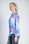 APNY Gradient Blouse. Blue and purple tie dye effect gradient stripes on a white background. Pointed collar button down blouse with long button cuff sleeve. Shirt tail hem. Relaxed fit._t_34808742019272