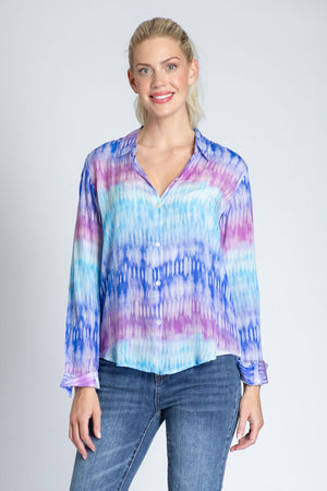 APNY Gradient Blouse.  Blue and purple tie dye effect gradient stripes on a white background.  Pointed collar button down blouse with long button cuff sleeve.  Shirt tail hem.  Relaxed fit._34808741986504