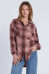 Billy T Stay Over Shirt.  Denim style shirt in brown and mauve plaid.  Pointed collar button down shirt with dropped shoulder and long sleeves with button cuffs. 2 front chest patch pockets with button flaps.  High low shirt tail hem.  Relaxed fit._t_34537329459400