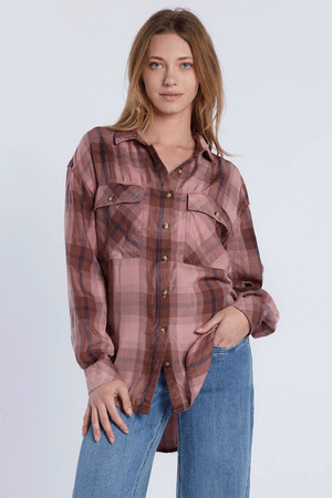 Billy T Stay Over Shirt.  Denim style shirt in brown and mauve plaid.  Pointed collar button down shirt with dropped shoulder and long sleeves with button cuffs. 2 front chest patch pockets with button flaps.  High low shirt tail hem.  Relaxed fit._34537329459400