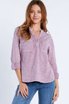 Billy T Fine Henley Top in Purple. Acid wash split v neck henley with 4 button placket. Long sleeves with roll tab closure. Shirt tail hem. Relaxed fit._t_34406233440456