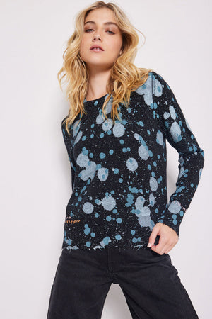 Lisa Todd Cosmic Crush Sweater in Black.  Abstract dot print in shades of blue on a black background.  Crew neck long sleeve sweater with rib trim at neck, hem and cuffs.  Hand stitch details.  Distressed edges at cuff and hem.  Classic fit._34618749485256
