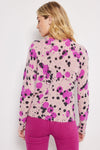 Lisa Todd Cosmic Crush Sweater in Primrose. Abstract dot print in shades of hot pink and black on a pink background.. Crew neck long sleeve sweater with rib trim at neck, hem and cuffs. Hand stitch details. Distressed edges at cuff and hem. Classic fit._t_34618749354184