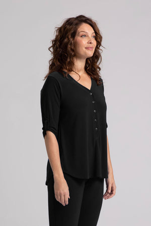 Sympli Convoy Henley in Black. V neck with 5 button placket. 3/4 sleeve with button tab closure in satin crepe. Back yoke with inverted pleat below. Curved hem. Side slits. Relaxed fit._35035498905800