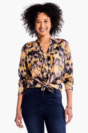NIC+ZOE Dreamy Ruffle Shirt in Yellow Multi.  Black, yellow and pink ikat inspired print.  Pointed collar split v neck button down.  Ruffle trim around button placket.  Long sleeves with button cuffs.  Back yoke. Shirt tail hem. Relaxed fit._34344705622216