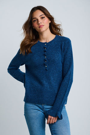 Lisa Todd The Allure Sweater in Denim.  Heathered soft knit.  Crew neck with 6 button placket.  Long sleeves.  Ribbed ruffle trim on placket and cuff.  Classic fit._61210200736110
