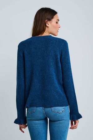 Lisa Todd The Allure Sweater in Denim.  Heathered soft knit.  Crew neck with 6 button placket.  Long sleeves.  Ribbed ruffle trim on placket and cuff.  Classic fit._61210200768878