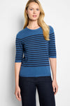 NIC+ZOE Stripe Cotton Sweater in Blue Multi.  Medium blue knit with navy placed horizontal stripes across middle and sleeve.  Elbow length sleeve.  Classic fit._t_61050332152174