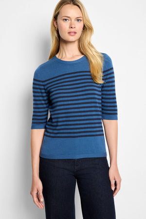 NIC+ZOE Stripe Cotton Sweater in Blue Multi.  Medium blue knit with navy placed horizontal stripes across middle and sleeve.  Elbow length sleeve.  Classic fit._61050332152174