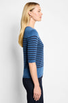 NIC+ZOE Stripe Cotton Sweater in Blue Multi.  Medium blue knit with navy placed horizontal stripes across middle and sleeve.  Elbow length sleeve.  Classic fit._t_61050342965614