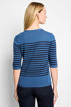 NIC+ZOE Stripe Cotton Sweater in Blue Multi.  Medium blue knit with navy placed horizontal stripes across middle and sleeve.  Elbow length sleeve.  Classic fit._t_61050343031150