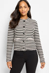 NIC+ZOE Stripe Fringe Femme Jacket in Black Multi.  Black and cream horizontal stripes.  Crew neck button down jacket with long sleeves.  Fringe trim at neck, front edge hem and sleeve cuff.  2 front patch pockets with fringe trim.  Classic fit._t_61299322683758