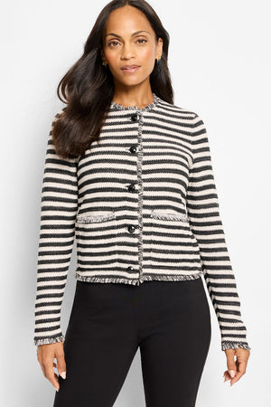 NIC+ZOE Stripe Fringe Femme Jacket in Black Multi.  Black and cream horizontal stripes.  Crew neck button down jacket with long sleeves.  Fringe trim at neck, front edge hem and sleeve cuff.  2 front patch pockets with fringe trim.  Classic fit._61299322683758