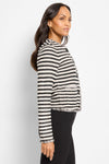 NIC+ZOE Stripe Fringe Femme Jacket in Black Multi.  Black and cream horizontal stripes.  Crew neck button down jacket with long sleeves.  Fringe trim at neck, front edge hem and sleeve cuff.  2 front patch pockets with fringe trim.  Classic fit._t_61299322716526