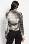 NIC+ZOE Stripe Fringe Femme Jacket in Black Multi.  Black and cream horizontal stripes.  Crew neck button down jacket with long sleeves.  Fringe trim at neck, front edge hem and sleeve cuff.  2 front patch pockets with fringe trim.  Classic fit._t_61299322749294
