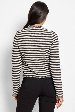 NIC+ZOE Stripe Fringe Femme Jacket in Black Multi.  Black and cream horizontal stripes.  Crew neck button down jacket with long sleeves.  Fringe trim at neck, front edge hem and sleeve cuff.  2 front patch pockets with fringe trim.  Classic fit._61299322749294