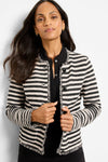 NIC+ZOE Stripe Fringe Femme Jacket in Black Multi.  Black and cream horizontal stripes.  Crew neck button down jacket with long sleeves.  Fringe trim at neck, front edge hem and sleeve cuff.  2 front patch pockets with fringe trim.  Classic fit._t_61299322782062