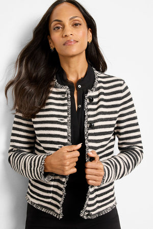 NIC+ZOE Stripe Fringe Femme Jacket in Black Multi.  Black and cream horizontal stripes.  Crew neck button down jacket with long sleeves.  Fringe trim at neck, front edge hem and sleeve cuff.  2 front patch pockets with fringe trim.  Classic fit._61299322782062