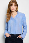 NIC+ZOE Stripe Ruffle Around Top in Blue Multi.  Vertical pin stripes on medium blue background.  V neck hidden placket button down with ruffle trim at neck.  Long sleeves with 2 button french cuff.  Diagonal stripe back.  Relaxed fit._t_61050074333550