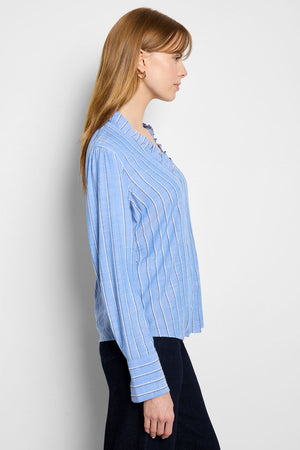 NIC+ZOE Stripe Ruffle Around Top in Blue Multi.  Vertical pin stripes on medium blue background.  V neck hidden placket button down with ruffle trim at neck.  Long sleeves with 2 button french cuff.  Diagonal stripe back.  Relaxed fit._61050074366318