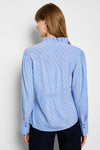 NIC+ZOE Stripe Ruffle Around Top in Blue Multi.  Vertical pin stripes on medium blue background.  V neck hidden placket button down with ruffle trim at neck.  Long sleeves with 2 button french cuff.  Diagonal stripe back.  Relaxed fit._t_61050074399086