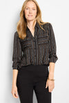 NIC+ZOE Mini Painted Striped Shirt in Black Multi.  Vertically striped blouse with pointed collar, notched v button down.  Long sleeves with adjustable button cuffs.  2 front horizontal stripe patch pockets with button closure.  Horizontal stripe yoke in back with inverted pleat below.  Relaxed fit._t_61299349258606
