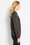 NIC+ZOE Mini Painted Striped Shirt in Black Multi.  Vertically striped blouse with pointed collar, notched v button down.  Long sleeves with adjustable button cuffs.  2 front horizontal stripe patch pockets with button closure.  Horizontal stripe yoke in back with inverted pleat below.  Relaxed fit._t_61299349291374